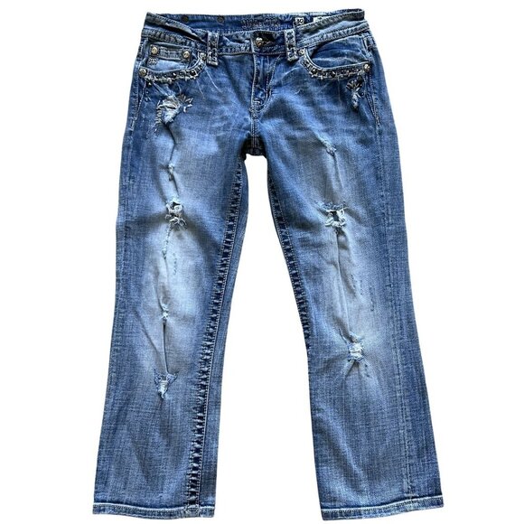 Miss Me Womens 30 US Size 10 Distressed Embellished Cuffed Capri Jeans Cowgirl - Picture 10 of 16